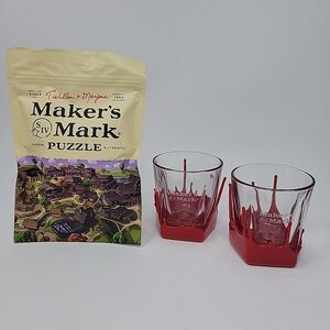 Makers Mark Bourbon Red Wax Drip Whiskey Glasses Barware 8 oz Set of 2 w/ Puzzle